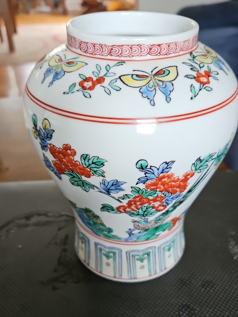 Hand-Painted Porcelain Floral & Butterfly Vase — White with Red & Green Accents